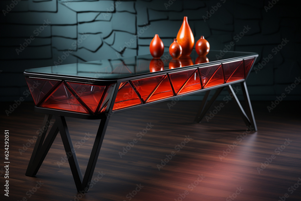 Leinwandbilder A console table with a unique geometric base, such as a series of interconnected triangles or a three-dimensional lattice structure.  Generative AI.