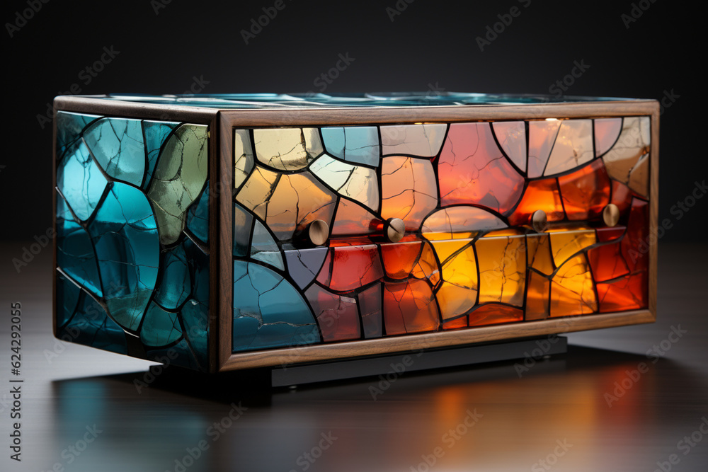 Poster an abstract console design with a mix of geometric materials, such as a combination of metal, glass,