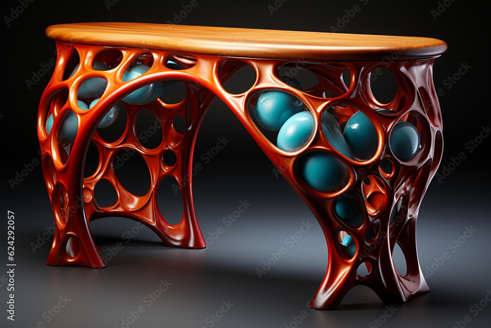Poster an abstract sculpture-inspired console table, crafted from metal or wood, with intricate geometric p
