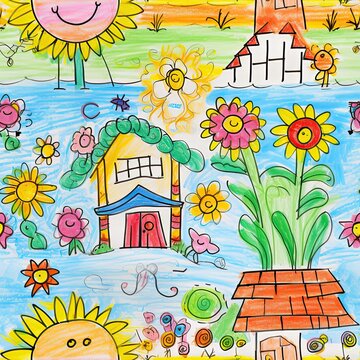 Children's drawing, Geometric tile texture, Seamless, Repeating pattern, Endless background. Colorful village in the lake with plants. Image tileable both horizontally, vertically. Generative AI