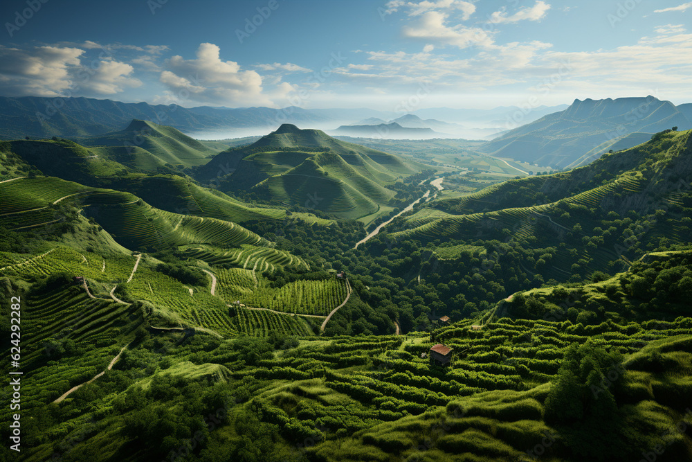 Poster a captivating aerial photograph of a sprawling vineyard, with neat rows of grapevines extending into