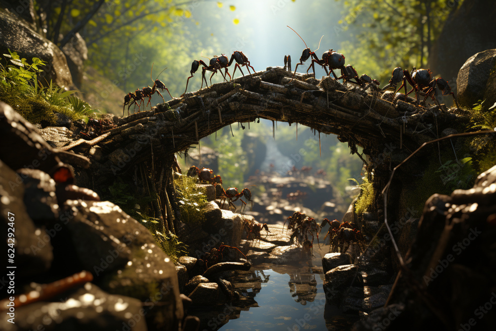 Poster team of ants work constructing bridge, teamwork , generative ai.
