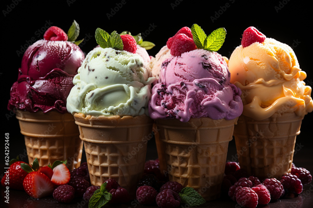 Poster ice cream with multiple flavors isolated on black background. generative ai.