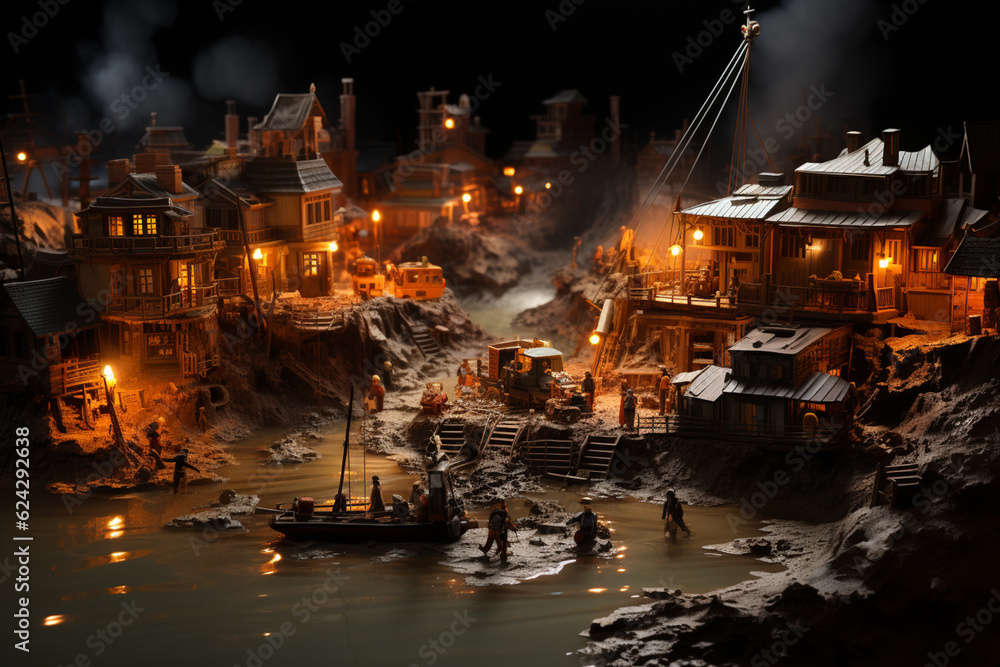 Fototapete an image portrays a gold mine, with workers sifting through sediment and using traditional mining te
