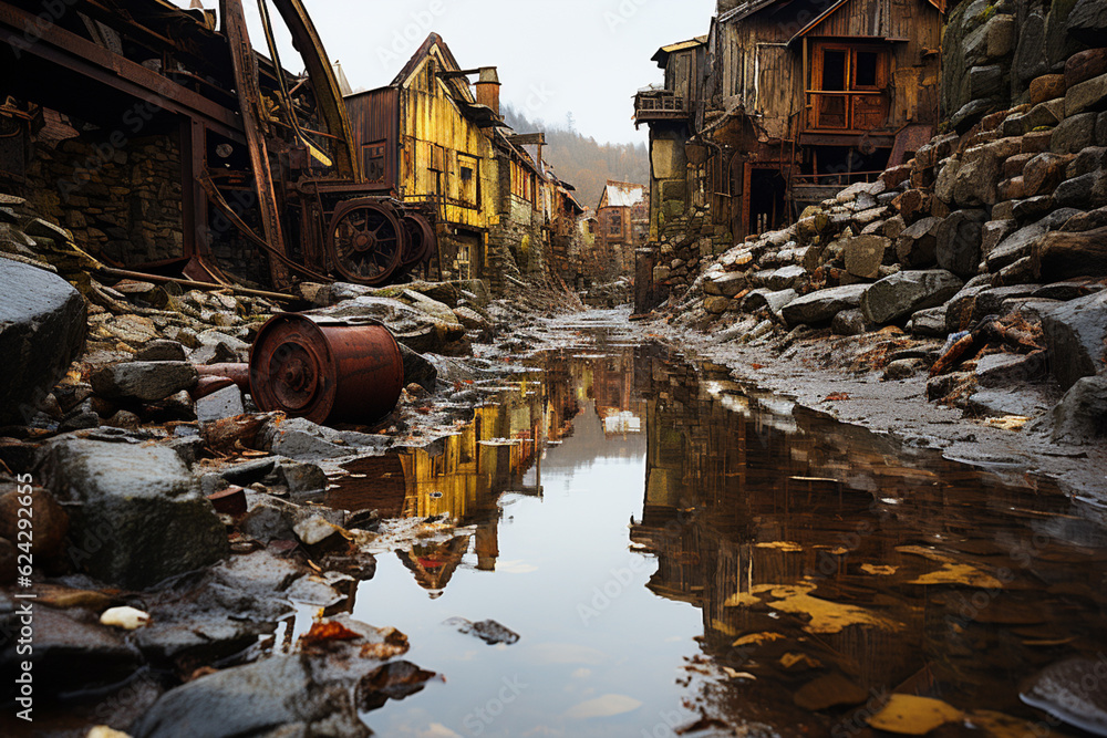 Poster a trending image depicts an abandoned mine, with rusted machinery and decaying structures. generativ