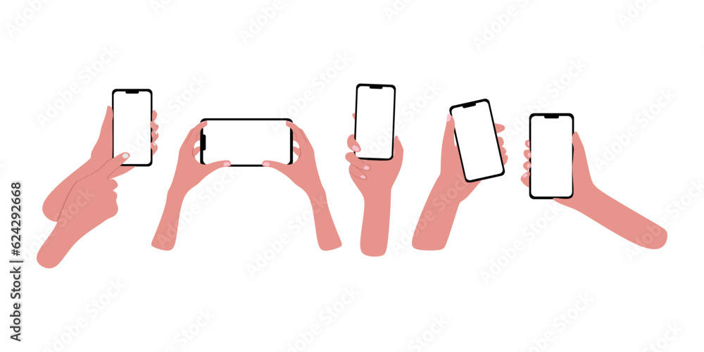 Poster hand hold the mobile phone in horizontal and vertical position with white blank screen in different 