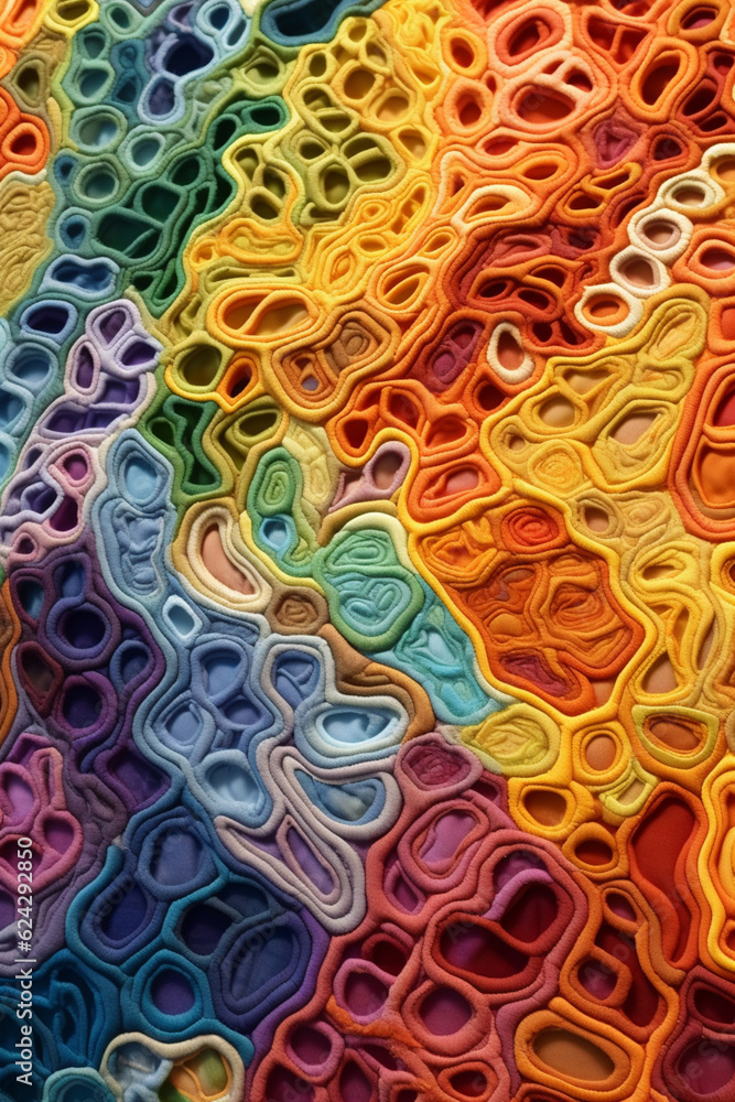 Leinwandbilder an abstract textile artwork featuring vibrant colors, intricate patterns, and tactile textures, invi