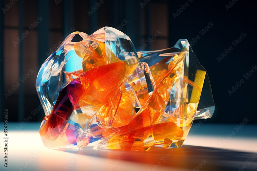 Aufkleber an abstract sculpture made of transparent or translucent materials, playing with light and shadow to