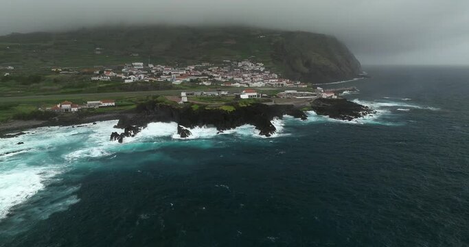 Aerial shots of the town of Corvo island and its aerodrome in the Azores