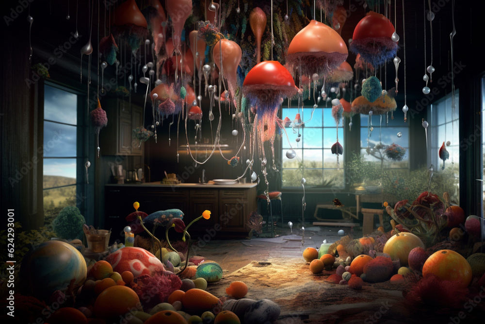 Poster a digital art surreal composition that combines elements from different worlds or contexts, generati