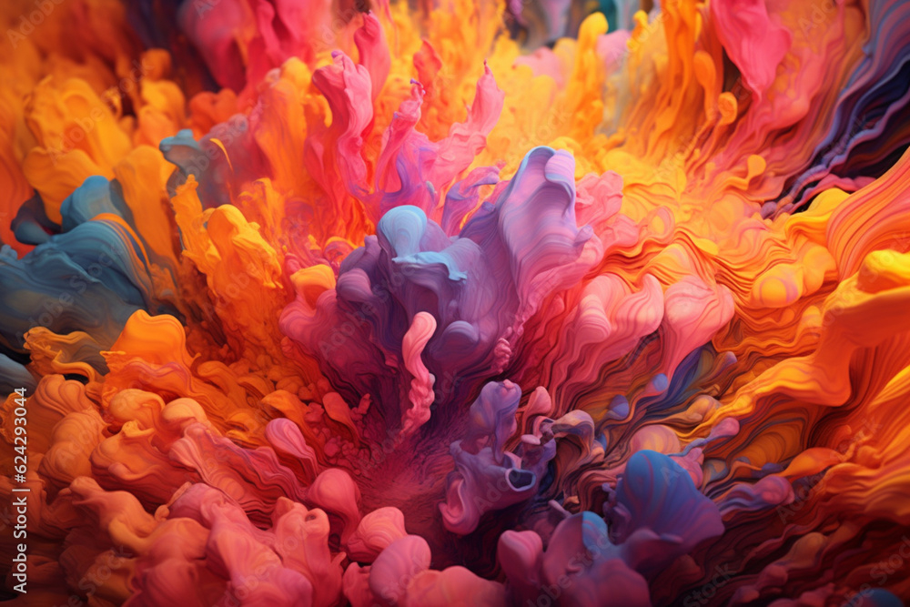 Poster a digital art abstract painting that explores the interplay of colors, textures, and organic shapes,