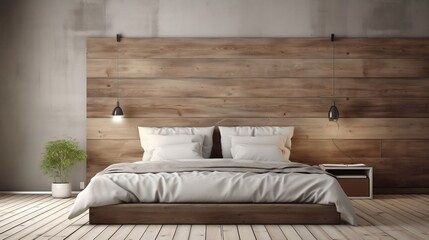Interior design of modern bedroom with wooden bed against reclaimed barn wood paneling wall generative ai