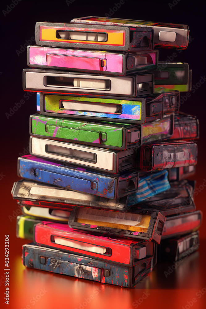 Fototapete An image of a stack of colorful audio cassette tapes, showcasing various album covers and representing a collection of music.  Generative AI technology.