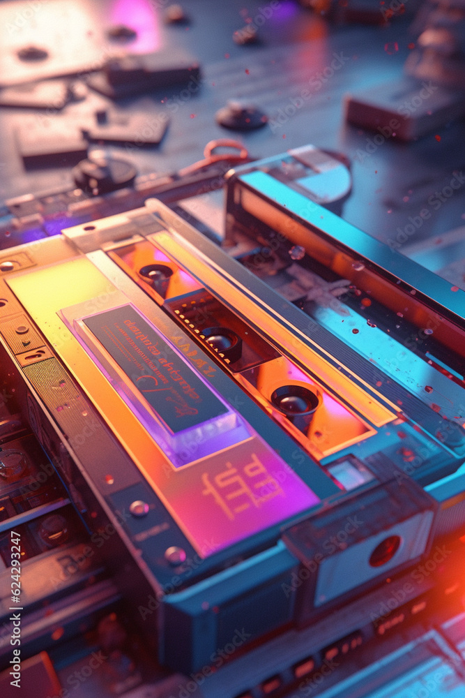 Leinwandbilder a digital illustration of a cassette tape incorporated into a modern or futuristic setting, blending
