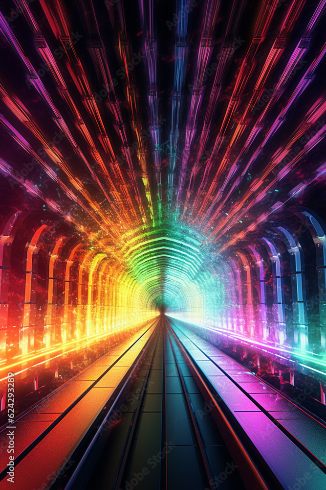 Poster a digital art composition of a tunnel with pulsating rainbow-colored lights, evoking a futuristic an