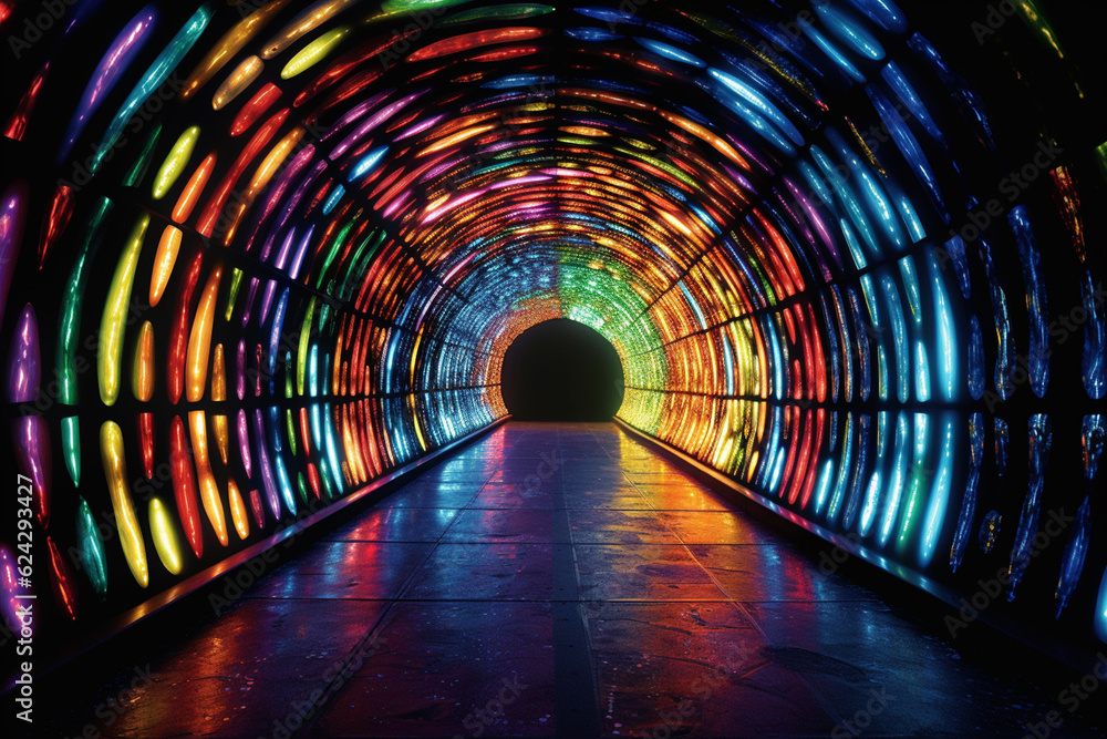Leinwandbilder a photograph of a tunnel illuminated with a series of differently colored spotlights, giving it a li