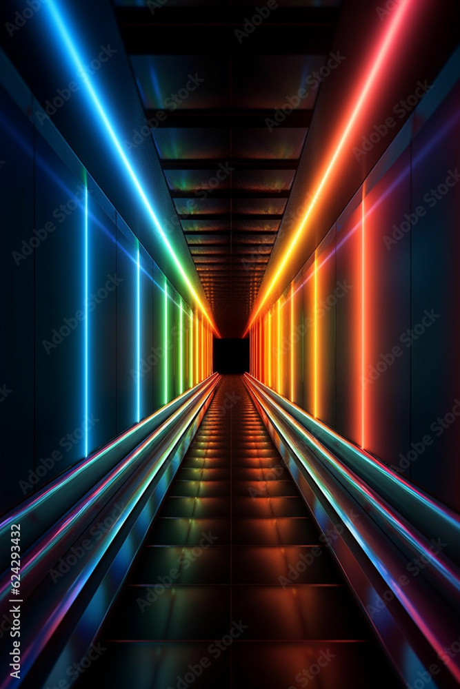 Poster a minimalist illustration of a tunnel with a single beam of color illuminating the path, creating a 