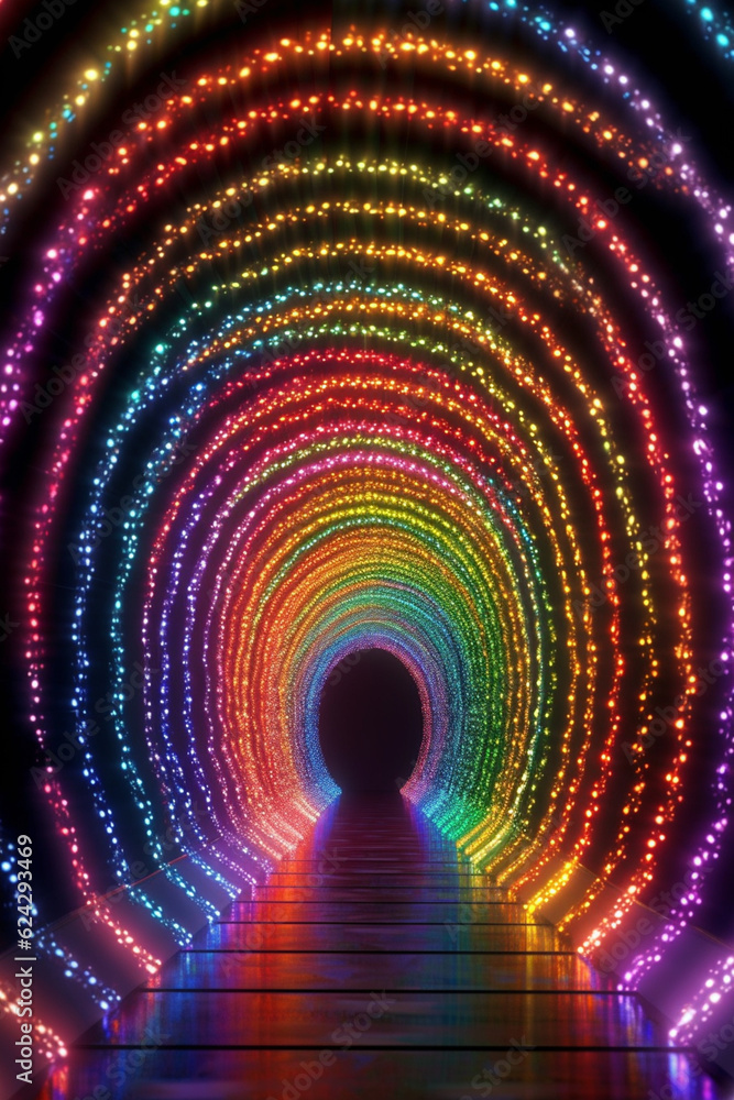 Poster an aerial view of a tunnel with led strips forming a mesmerizing rainbow arch, creating a colorful a