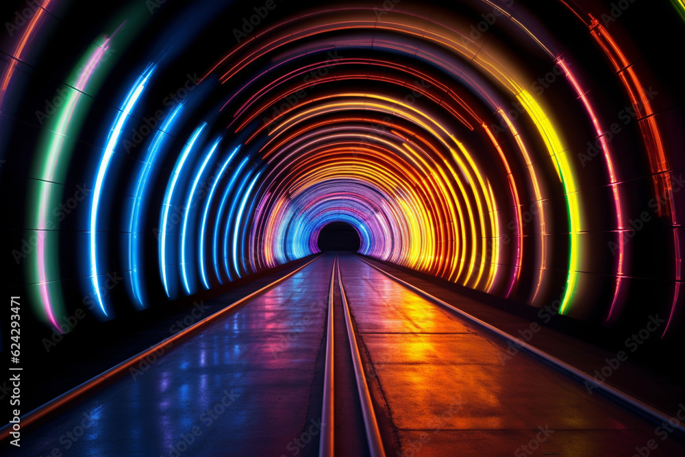 Aufkleber A night-time photograph of a tunnel with synchronized color-changing lights, producing a captivating and dynamic visual spectacle.  Generative AI technology.