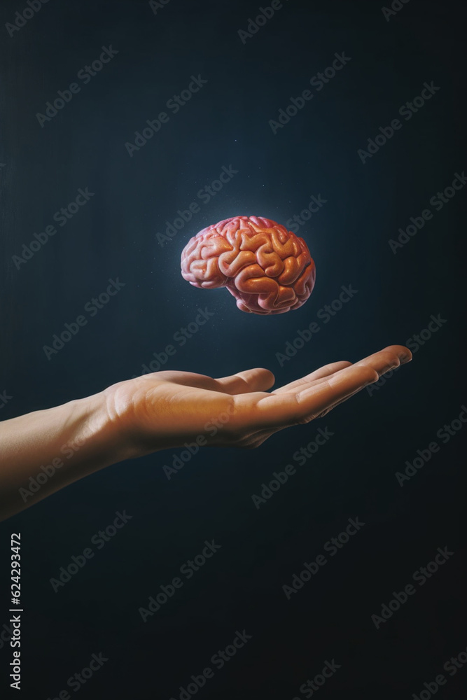 Aufkleber A conceptual photograph of a hand reaching out to touch a floating brain, suggesting curiosity, learning, and the pursuit of understanding.  Generative AI technology.