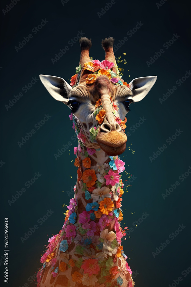 Poster a conceptual image of a giraffe made from unconventional materials, such as flowers or feathers, cha
