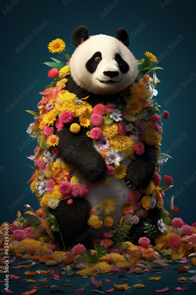 Poster a conceptual image of a panda made from unconventional materials, such as flowers or feathers, chall