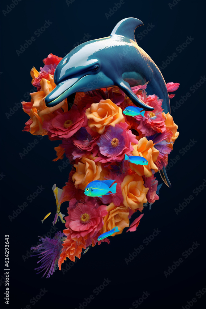 Leinwandbilder A conceptual image of a Dolphin made from unconventional materials, such as flowers or feathers, challenging the perception of Dolphin as solely utilitarian objects.  Generative AI technology.