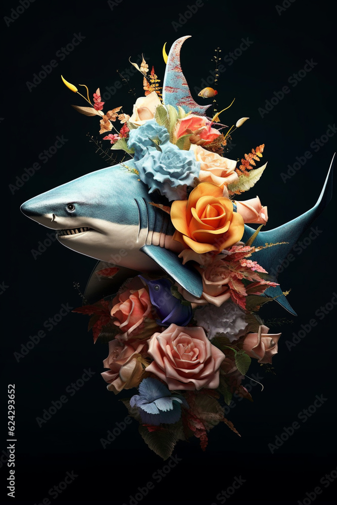 Aufkleber a conceptual image of a shark made from unconventional materials, such as flowers or feathers, chall