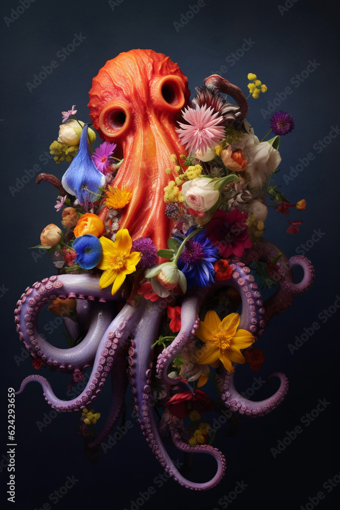Leinwandbilder a conceptual image of a octopus made from unconventional materials, such as flowers or feathers, cha