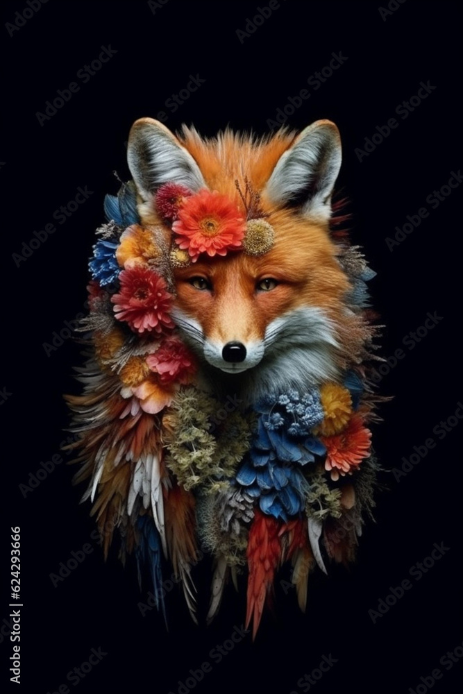 Aufkleber a conceptual image of a fox made from unconventional materials, such as flowers or feathers, challen