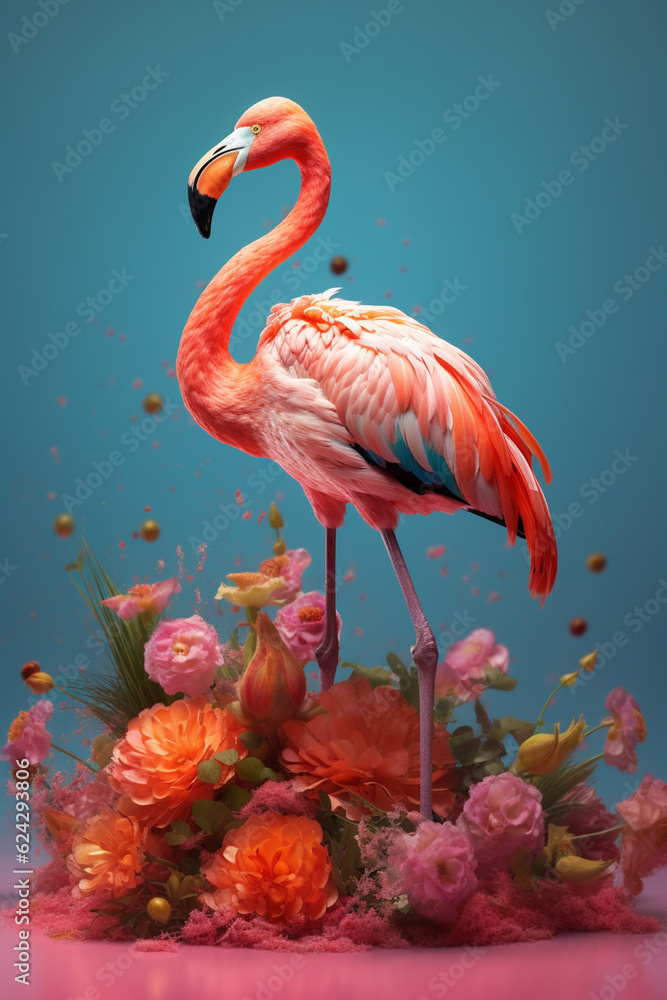 Poster a conceptual image of a flamingo made from unconventional materials, such as flowers or feathers, ch