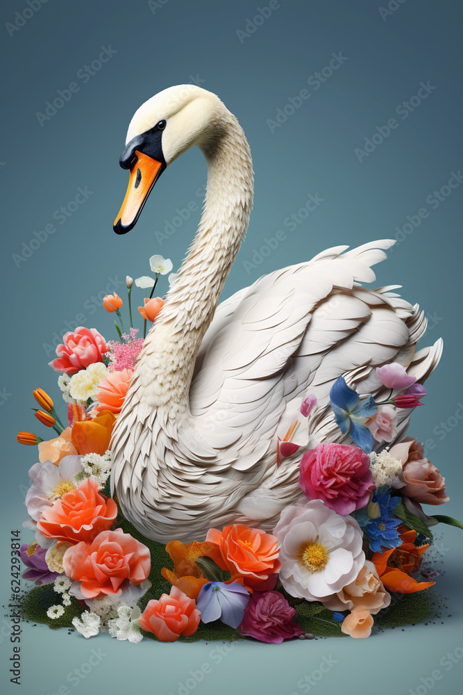 Poster a conceptual image of a swan made from unconventional materials, such as flowers or feathers, challe