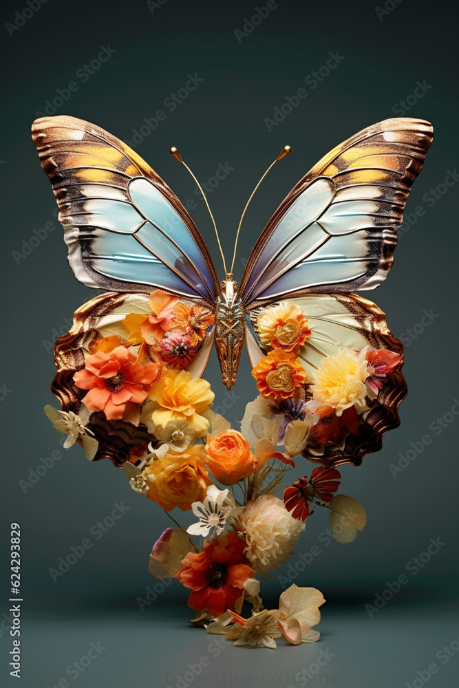Poster a conceptual image of a butterfly made from unconventional materials, such as flowers or feathers, c