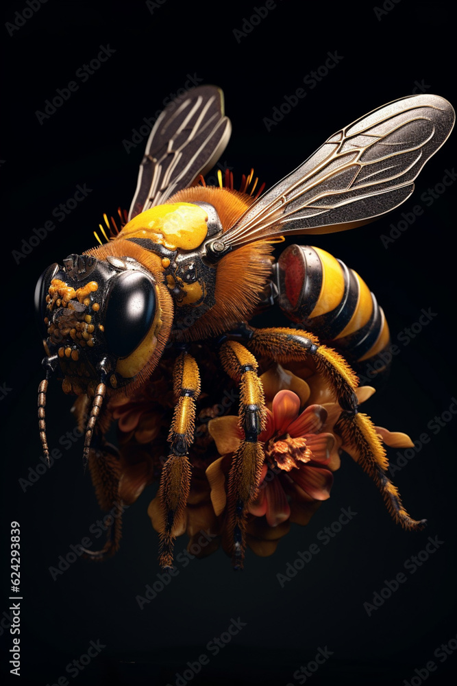 Poster a conceptual image of a bee made from unconventional materials, such as flowers or feathers, challen