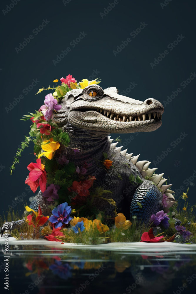 Poster a conceptual image of a alligator made from unconventional materials, such as flowers or feathers, c