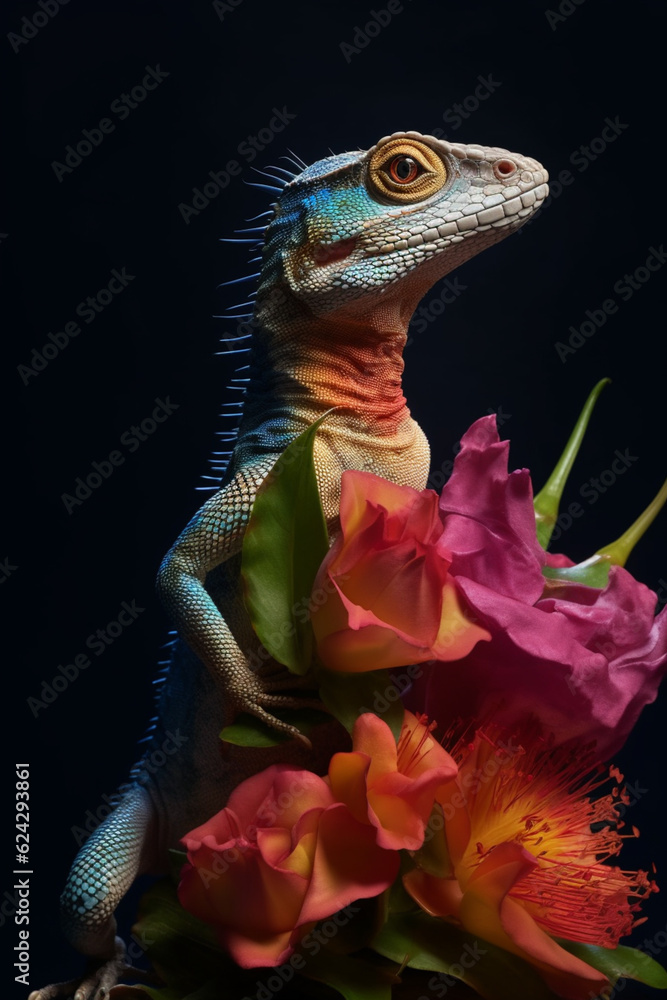 Aufkleber a conceptual image of a lizard made from unconventional materials, such as flowers or feathers, chal