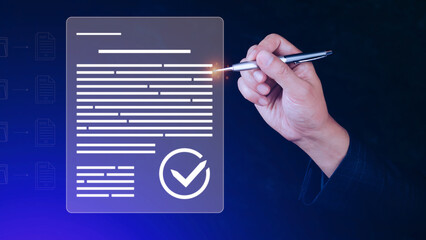 Paperless workplace idea, e-signing, electronic signature, document management system (DMS). Businessman signs an electronic document on a digital document on a virtual screen.