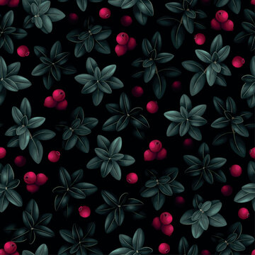 Vector seamless pattern with cranberry and leaves