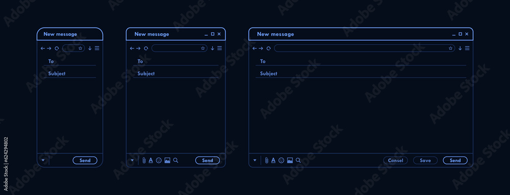 Wall mural dark mode email interface. outline mail window template for mobile phone, tablet and computer. inter