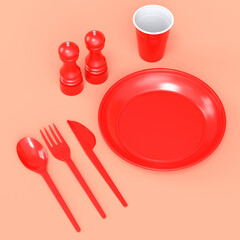 Set of disposable utensils like plate, folk, spoon,knife, cup and pepper mill