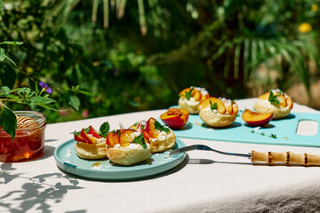 Mini sandwiches with cream cheese, nectarines, coconut, mint and honey. Delicious summer peaches...