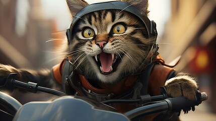 Fototapeta na wymiar cat is riding a motorcycle wearing a helmet and goggles