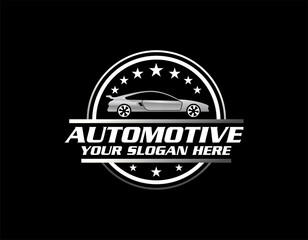 Auto car dealer logo emblem. Sports car silhouette icon. Motor vehicle dealership badge. Automotive showroom garage sign. Vector illustration.