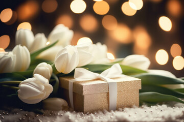 Close view of a glittery golden giftbox tied with white ribbon and white tulips on top of it, with bokeh lights on the background. Generative AI