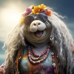 Vitrage gordijnen Walrus Photo of a walrus wearing sunglasses and a wig with flowers on its head .generative ai