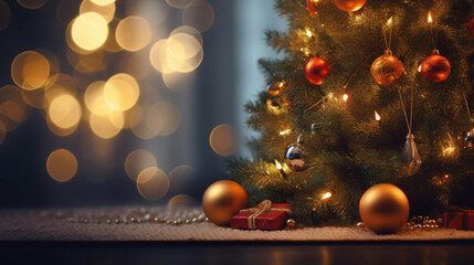 Fototapeta na wymiar Merry Christmas tree and beatutiful light in cozy room with blur bokeh background. Generative AI