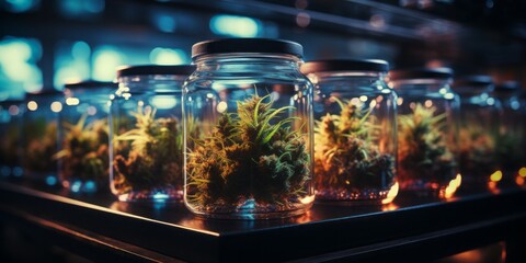 Photo of a botanical display with a row of glass jars filled with vibrant plants .generative ai