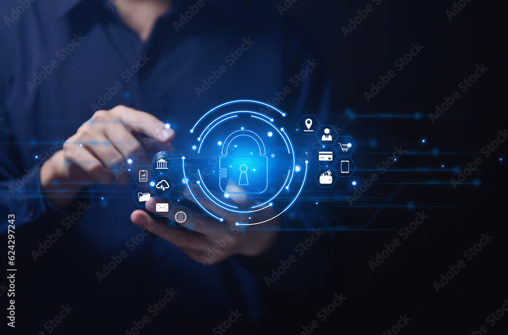 Poster businessman touching padlock icon on virtual display internet network cyber security concept