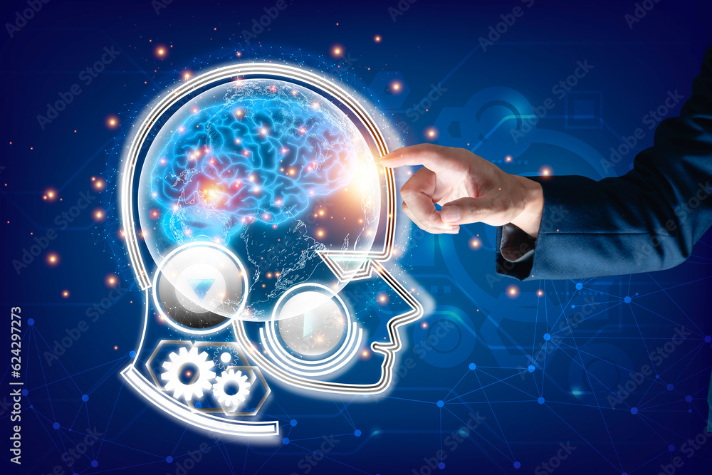 Poster businessman hand touch connects on robot brain in binary code big data world network background. sma