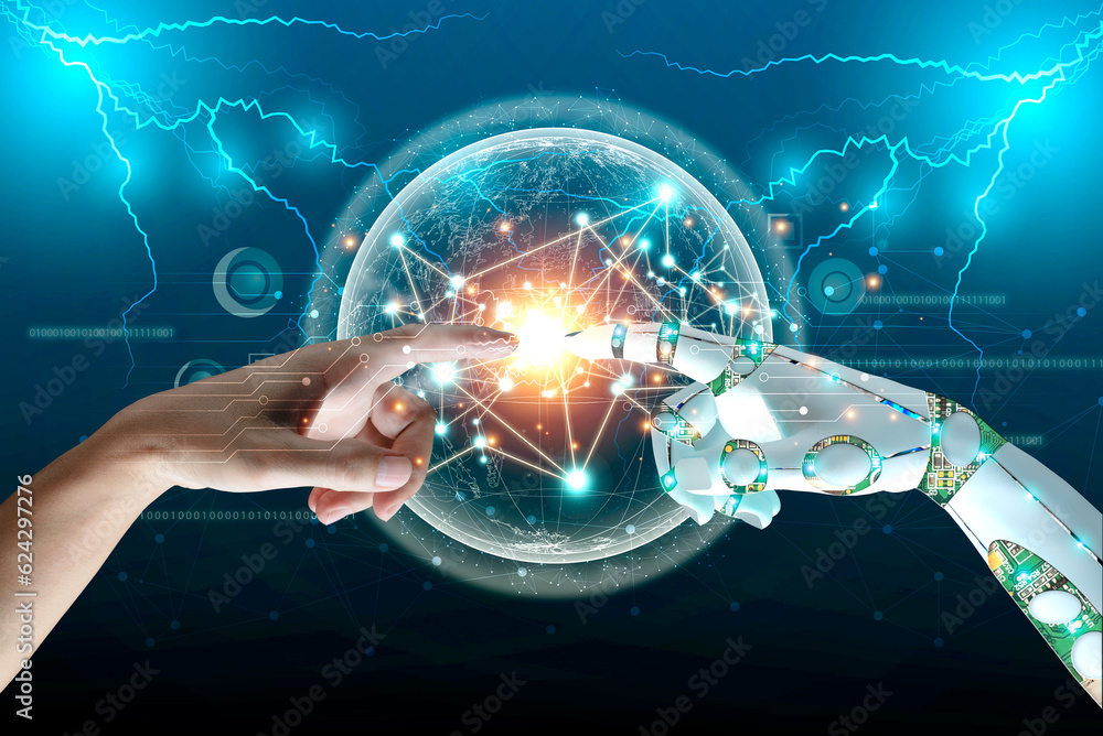 Poster human, robot hands touch connect on binary code big data world network background. smart ai machine 